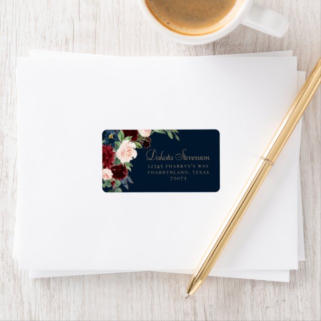 Boho Blooms | Dark Navy Blue and Burgundy Address Label (Insitu)