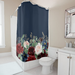 Boho Blooms   Dark Navy Blue and Burgundy Bouquet Shower Curtain