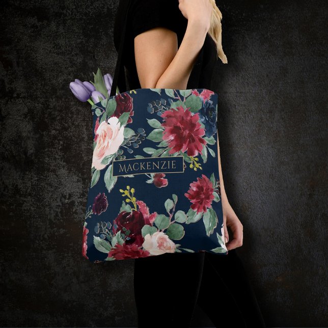 Boho Blooms | Dark Navy Blue and Burgundy Custom Tote Bag (Creator Uploaded)