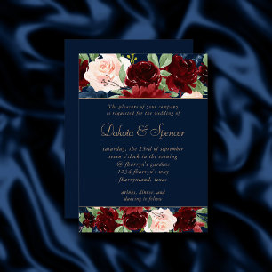 Boho Blooms Dark Navy Blue and Burgundy Garland Invitation