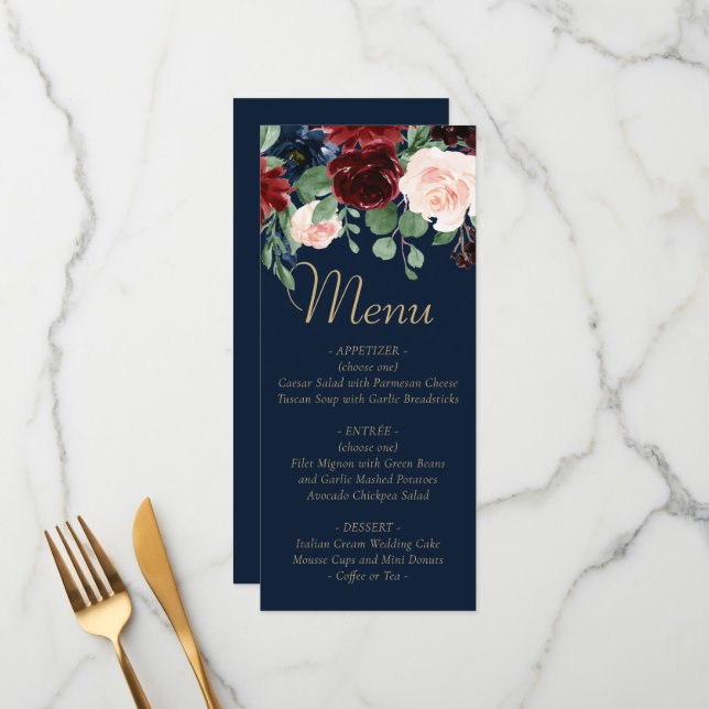 Boho Blooms | Dark Navy Blue and Burgundy Garland Menu (Front/Back In Situ)