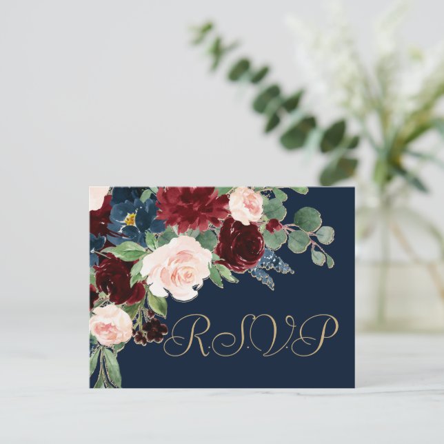 Boho Blooms | Dark Navy Blue and Burgundy Response Postcard (Standing Front)
