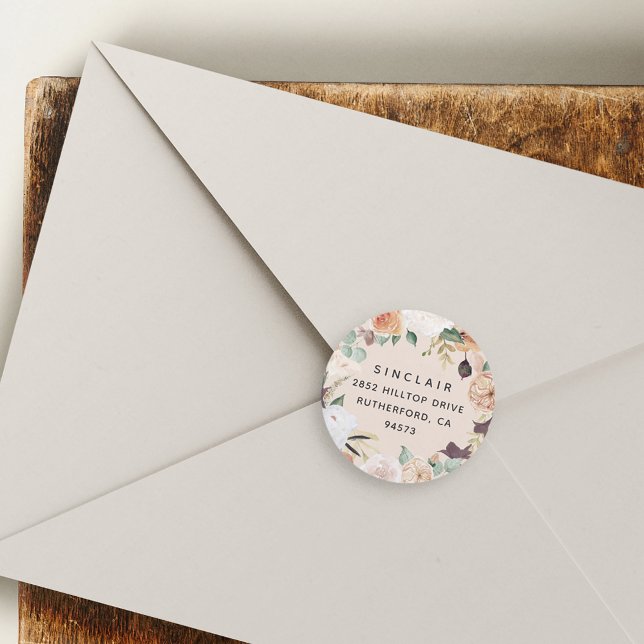 Boho Blooms Floral Return Address Classic Round Sticker (Creator Uploaded)