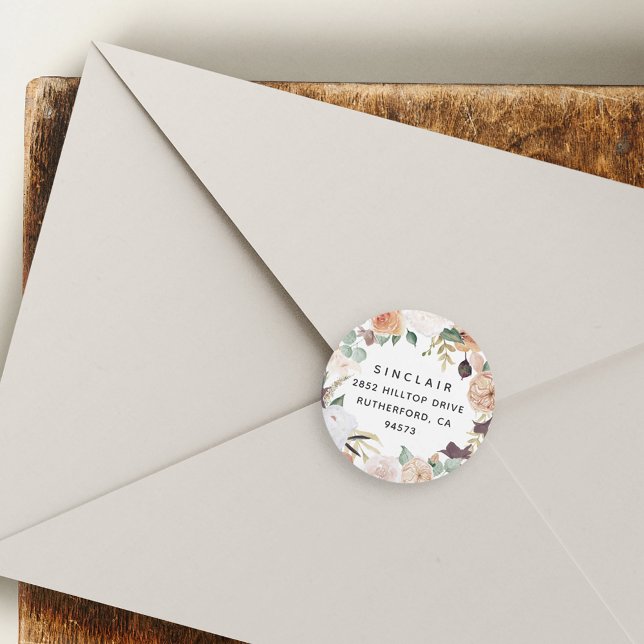 Boho Blooms Floral Return Address Classic Round Sticker (Creator Uploaded)