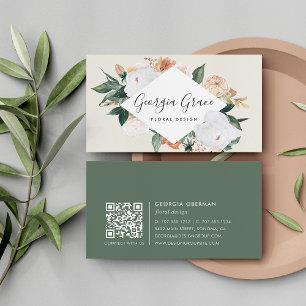 Boho Blooms Geometric Watercolor Floral QR Code Business Card