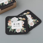 Boho Blooms Modern Floral Wedding Monogram Square Paper Coaster<br><div class="desc">Boho chic wedding coasters feature a square watercolor border of sage green botanical foliage and pastel earth tone flowers in shades of peach,  ivory,  and white,  framing your initials or monogram and event date in modern lettering. Designed to coordinate with our Boho Blooms wedding and event collection.</div>