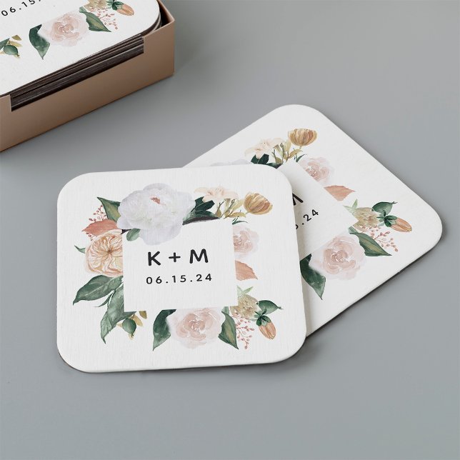 Boho Blooms Modern Floral Wedding Monogram Square Paper Coaster (Creator Uploaded)