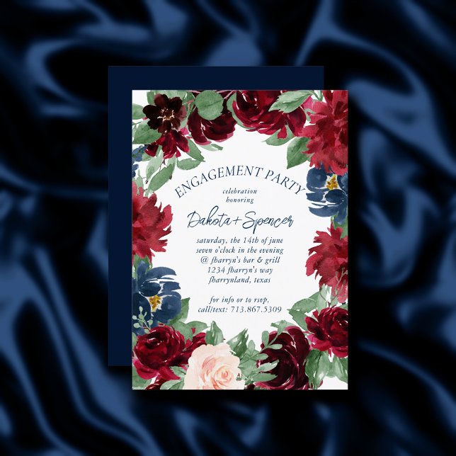Boho Blooms | Rustic Navy and Burgundy Engagement Invitation (Creator Uploaded)