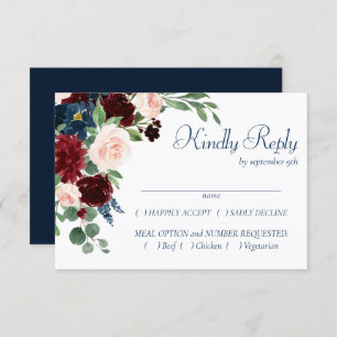 Boho Blooms Rustic Navy and Burgundy Entree RSVP Card
