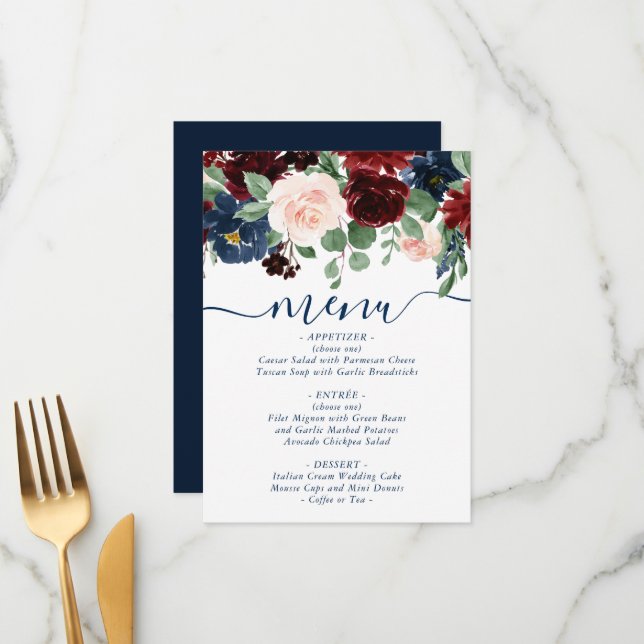 Boho Blooms | Rustic Navy and Burgundy Garland Menu (Front/Back In Situ)