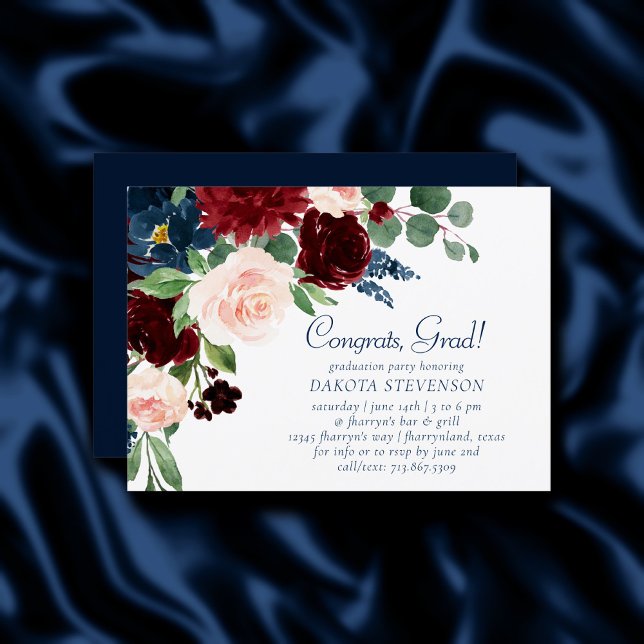 Boho Blooms | Rustic Navy and Burgundy Graduation Invitation (Creator Uploaded)