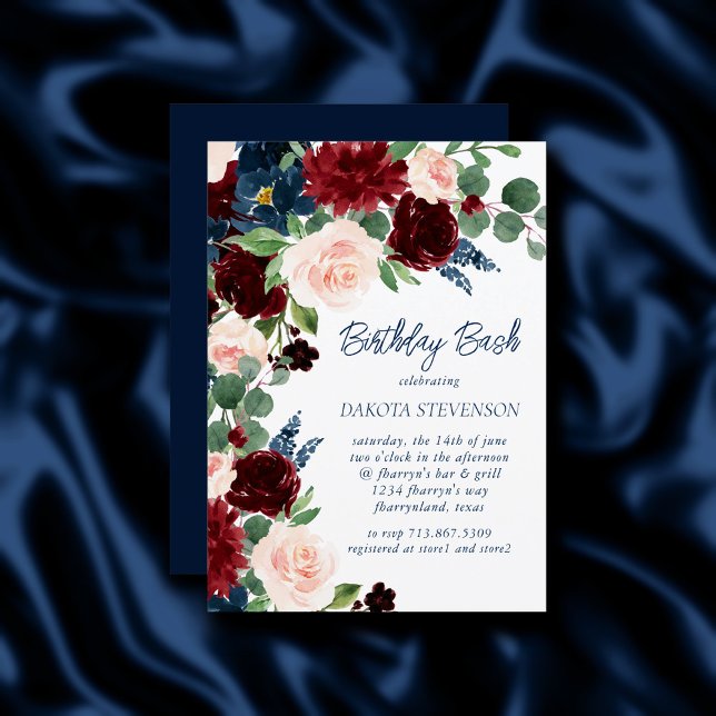 Boho Blooms | Rustic Navy and Burgundy Red Wreath Invitation (Creator Uploaded)
