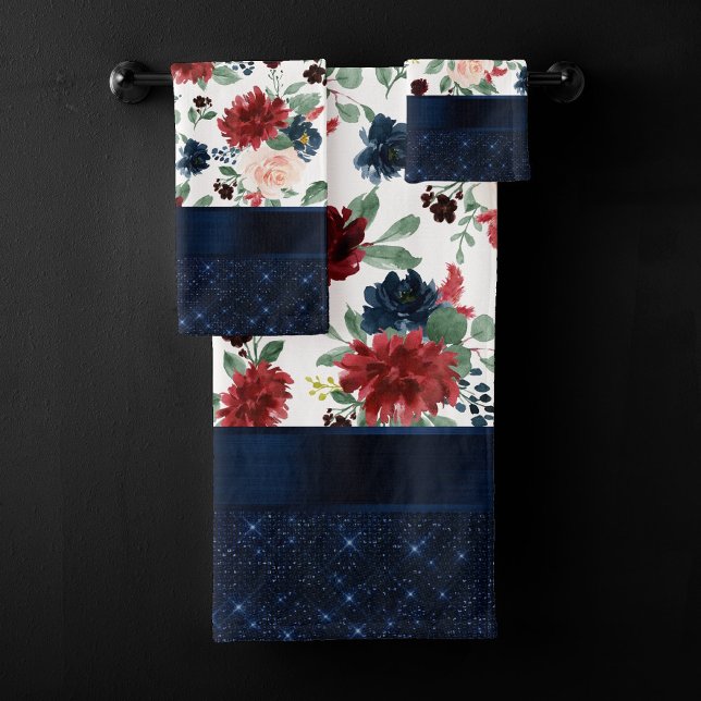 Boho Blooms | Rustic Navy and Burgundy Shimmer Bath Towel Set (Creator Uploaded)