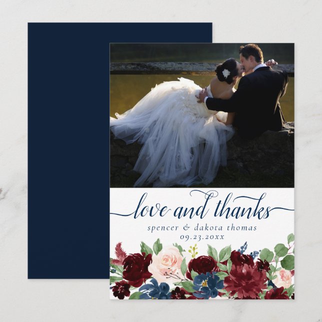 Boho Blooms | Rustic Navy and Red Photo Love and Thank You Card (Front/Back)