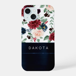 Boho Blooms Rustic Navy Blue and Burgundy Custom iPhone 15 Case