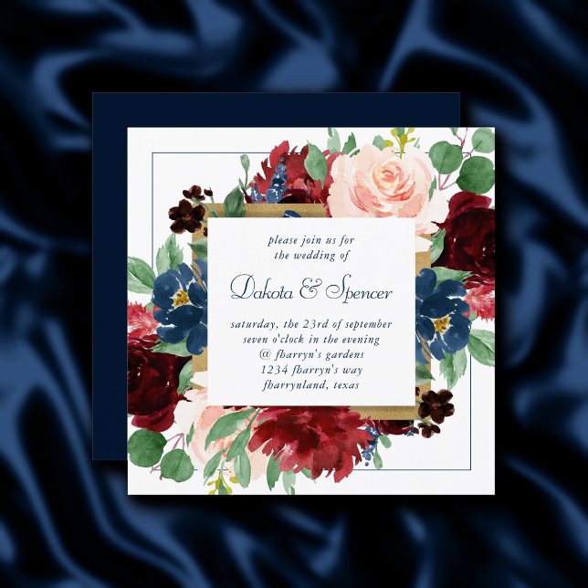 Boho Blooms | Rustic Navy Blue and Burgundy Wreath Invitation (Creator Uploaded)