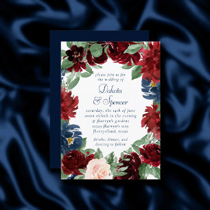 Boho Blooms Rustic Navy Blue and Burgundy Wreath Invitation