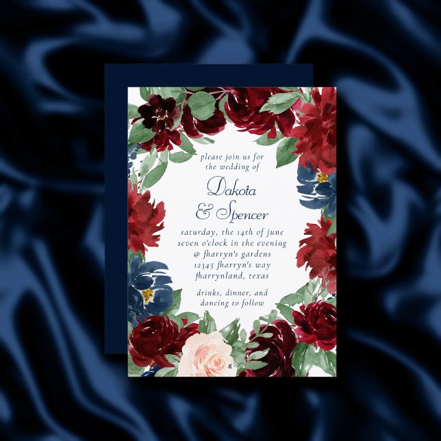 Boho Blooms | Rustic Navy Blue and Burgundy Wreath Invitation (Creator Uploaded)