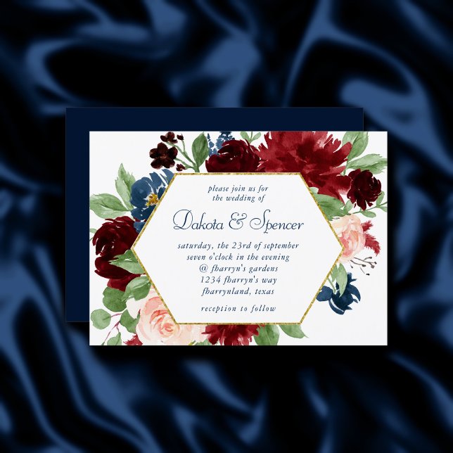 Boho Blooms | Rustic Navy Blue and Burgundy Wreath Invitation (Creator Uploaded)