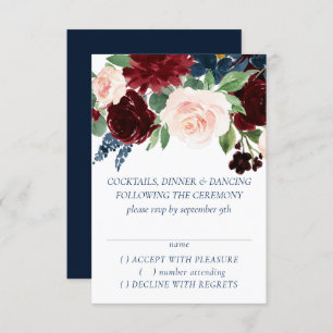Boho Blooms   Rustic Navy Blue and Burgundy Wreath RSVP Card