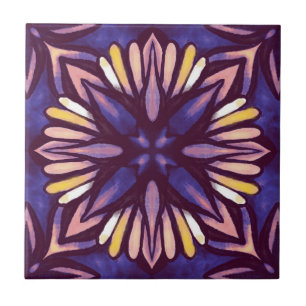 Boho Blossom: Purple Artistic Floral Pattern Ceramic Tile