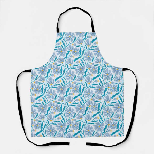 Boho Blue Abstract Floral Pattern Apron (Front)