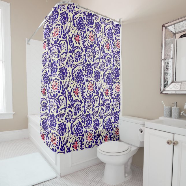 Boho Blue Abstract Shower Curtain (In Situ)