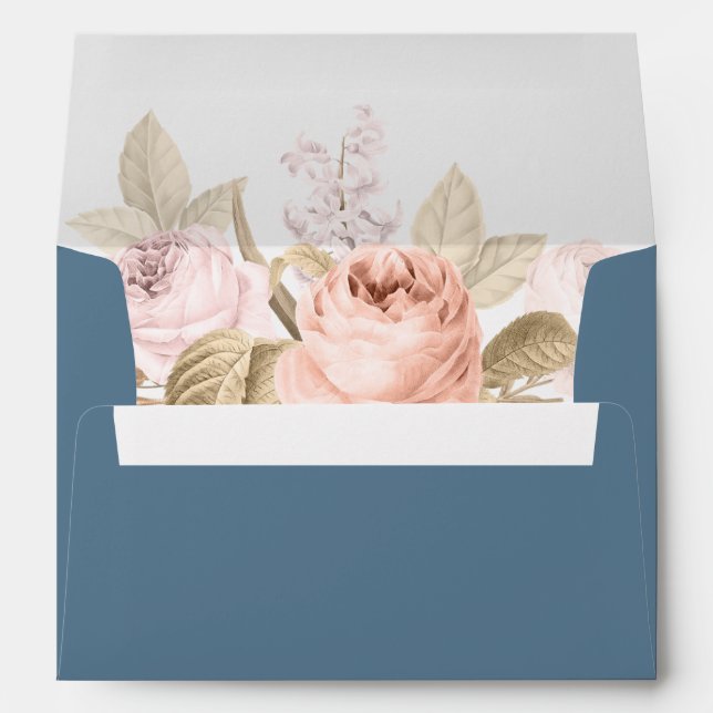Boho Blue and Blush Peonies Wedding Envelope (Back (Bottom))