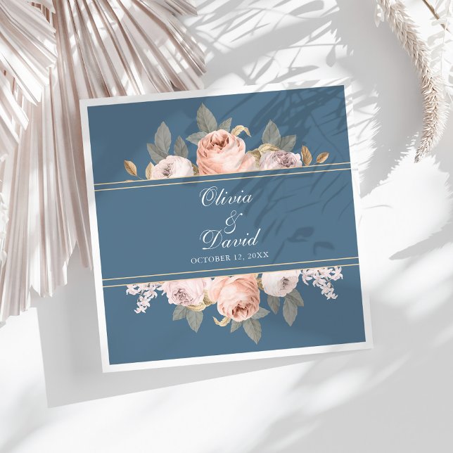 Boho Blue and Blush Peonies Wedding Napkin (Boho Blue and Blush Peonies Wedding Paper Dinner Napkins on a sunny white table.)