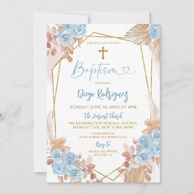 Boho Blue and Gold Floral Baptism Invitation (Front)