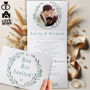 Boho Blue and Green Wreath Wedding Tri-Fold Invitation