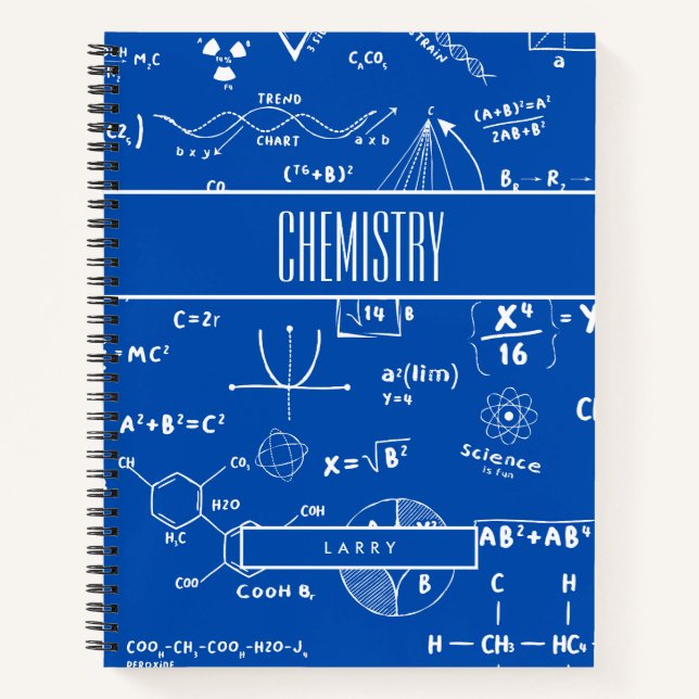 BOHO Blue and White Math and Chemistry Symbols Notebook (Front)
