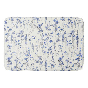 Boho Blue and White Wildflowers Bath Mat