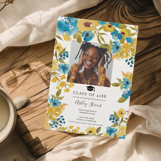 Boho Blue and Yellow Floral 2 Photo Graduation Announcement (Boho Blue and Yellow Floral 2 Photo Graduation Announcement)