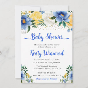Boho Blue and Yellow Summer Flowers Baby Shower Invitation