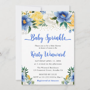 Boho Blue and Yellow Summer Flowers Baby Sprinkle Invitation