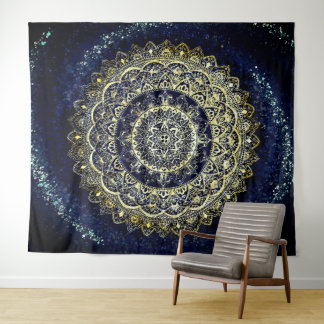 Boho Blue and Yellow Yoga Mandala Wall Hanging Tapestry