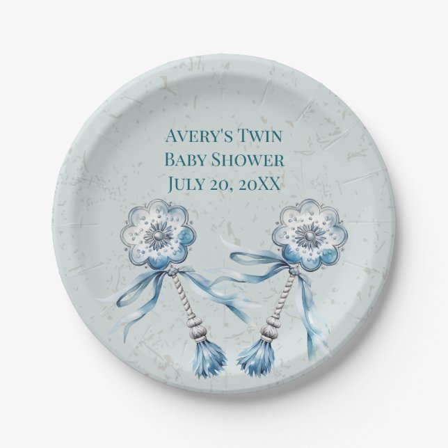 Boho Blue Baby Rattle  Paper Plate (Front)