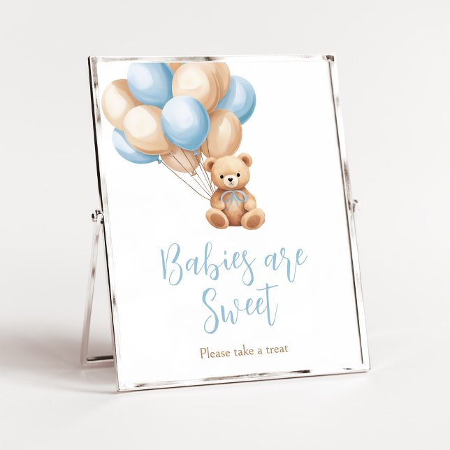 Boho Blue Balloon Bear Baby Babies are Sweet Poster (We Can Bearly Wait Boy Baby Shower Babies are Sweet Sign)