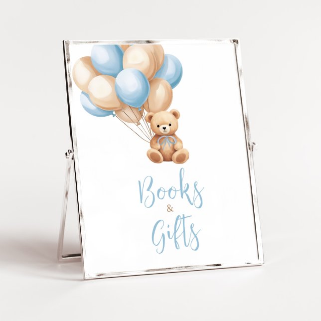 Boho Blue Balloon Bear Baby Shower Books and Gifts Poster (We Can Bearly Wait Boy Baby Shower Books and Gifts Sign)