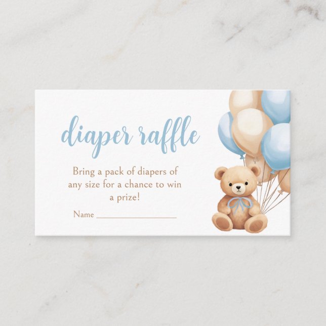 Boho Blue Balloon Bear Baby Shower Diaper Raffle Enclosure Card (Front)