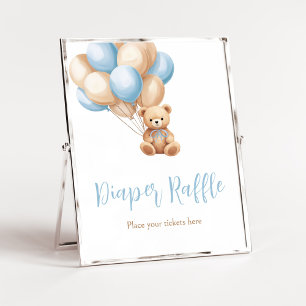 Boho Blue Balloon Bear Baby Shower Diaper Raffle Poster