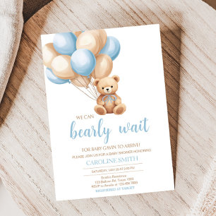 Boho Blue Balloon Bear Baby Shower  Invitation