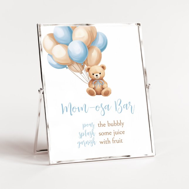 Boho Blue Balloon Bear Baby Shower Mum Osa Bar Poster (We Can Bearly Wait Boy Baby Shower Mom Osa Bar Sign)