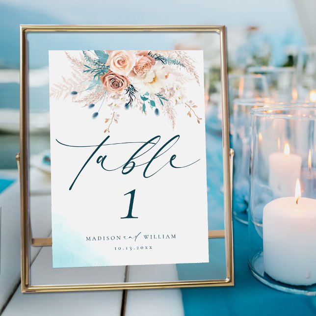 Boho Blue Beach Floral Wedding Table Number (Creator Uploaded)
