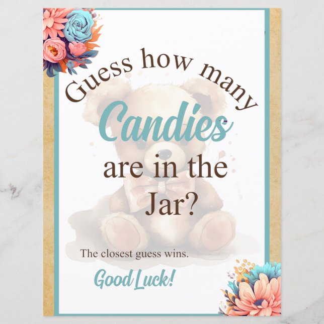 Boho Blue Bear Baby Shower Candy Jar Game (Front)