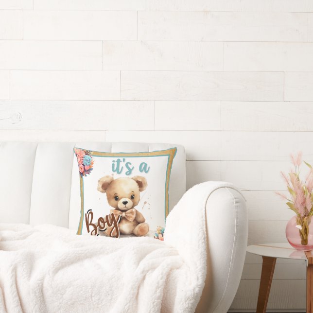 Boho Blue Bear Baby Shower Cushion (Couch)