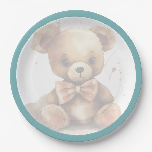 Boho Blue Bear Baby Shower  Paper Plate (Front)