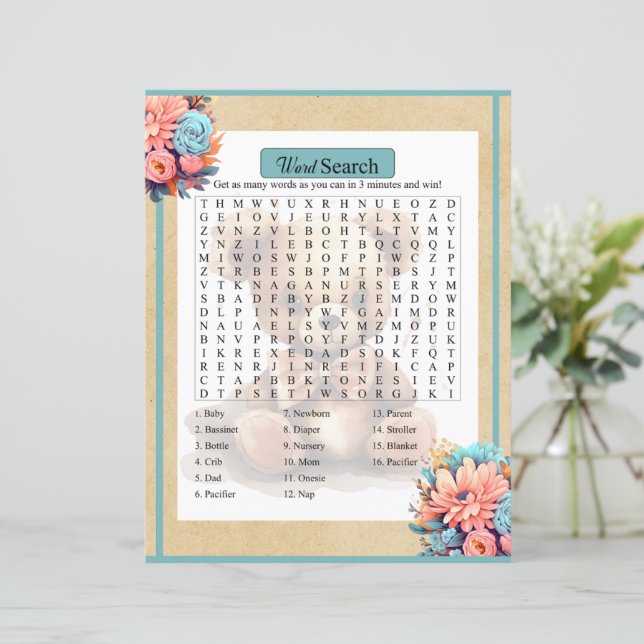 Boho Blue Bear Baby Shower Word Search Game (Standing Front)