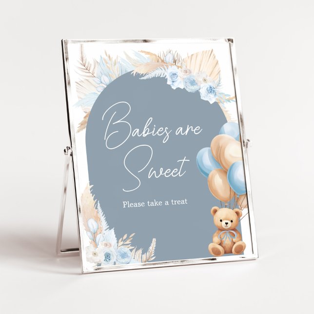 Boho Blue Bear Balloon Babies are Sweet Poster (Sage Blue Balloons Baby Shower Babies are Sweet Sign)